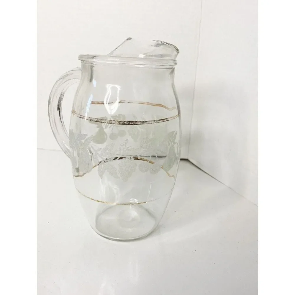 VINTAGE FRUIT EMBOSSED GOLD TRIM JUICE PITCHER AND GLASS SET